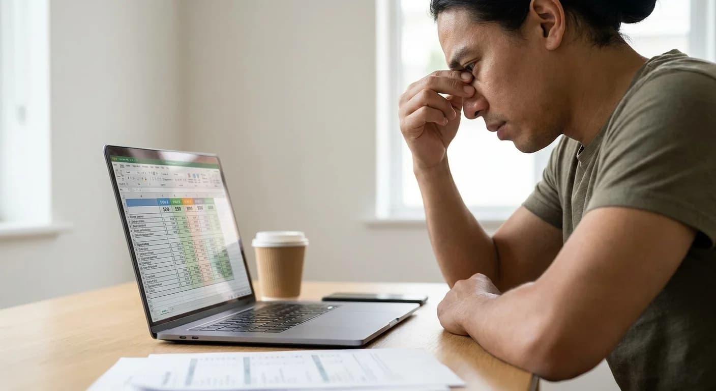 A frustrated fitness coach looking at a laptop screen displaying complex tiered monthly subscription pricing charts.