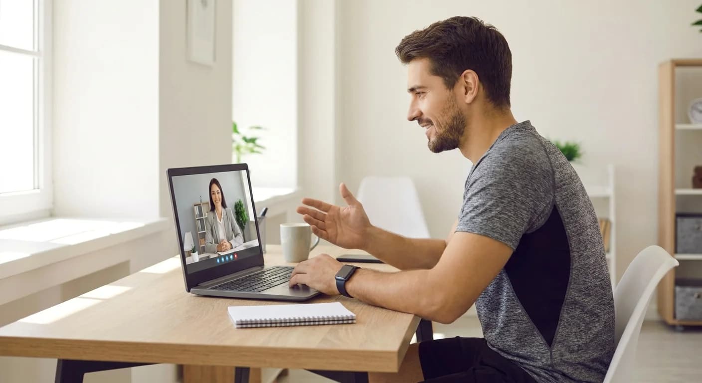 A confident personal trainer leading a high-ticket sales consultation on a video call with a busy professional in a home office.