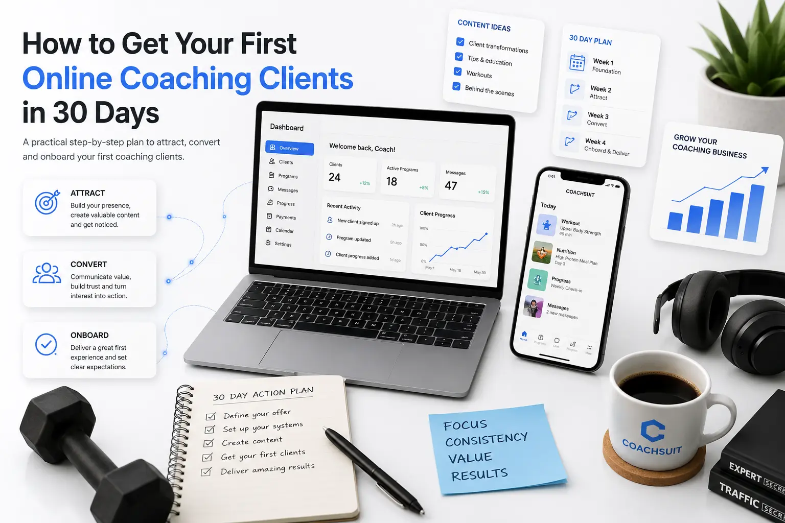 Fitness coach planning how to get online coaching clients on a laptop with a training notebook nearby