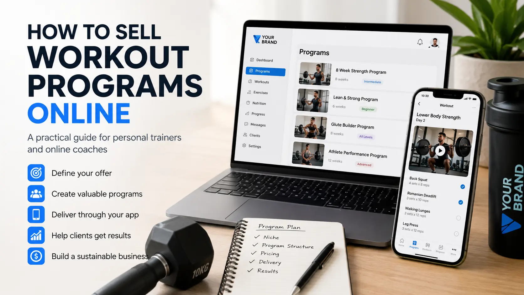 Guide cover showing a trainer preparing workout programs for online delivery
