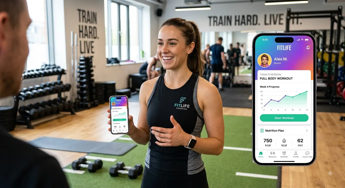A female personal trainer showing a client her custom branded fitness coaching app on a smartphone in a gym studio