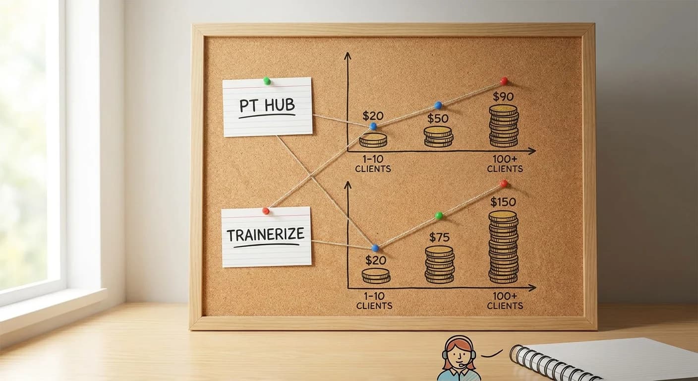 A financial timeline chart mapping out the exponential monthly cost increases of tiered fitness SaaS platforms as a personal trainer's client roster grows.