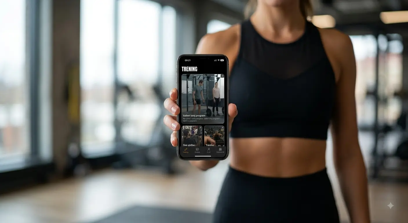 A high-end smartphone sharply in focus, displaying a custom black and gold 'APEX FITNESS' logo and dynamic progress charts, held by a trainer in a luxurious, blurred gym setting.