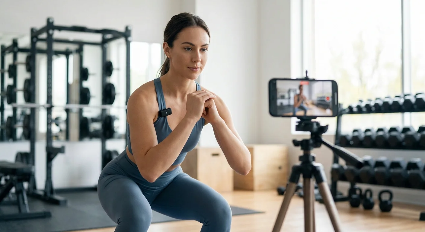 Personal trainer in a commercial gym filming a squat demonstration for a smartphone camera on a tripod