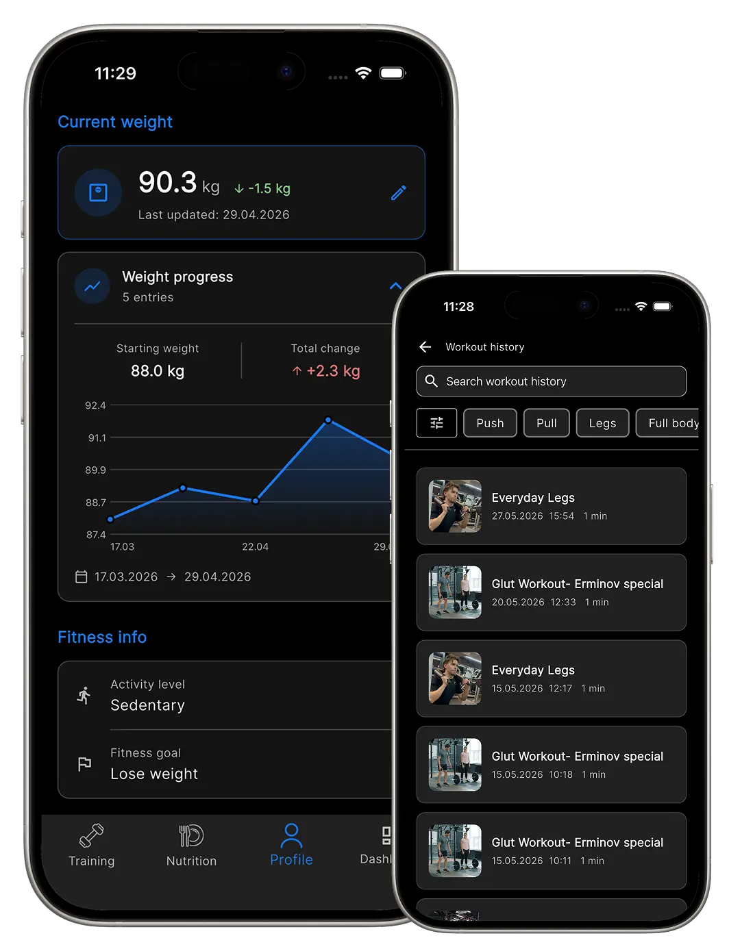 Progress tracking software showing workout history and fitness progress