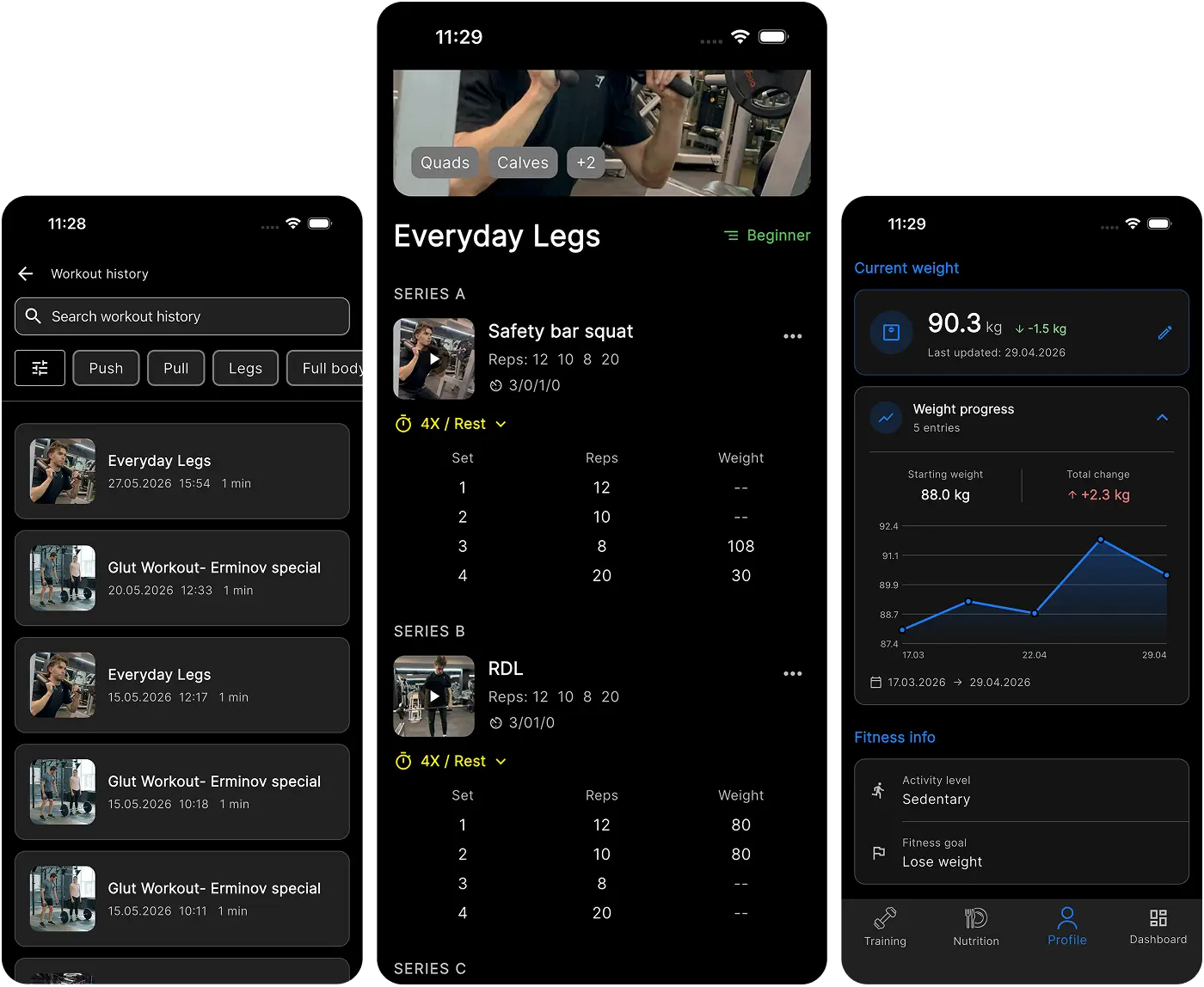 Gym member app showing workouts, nutrition content and recorded progress