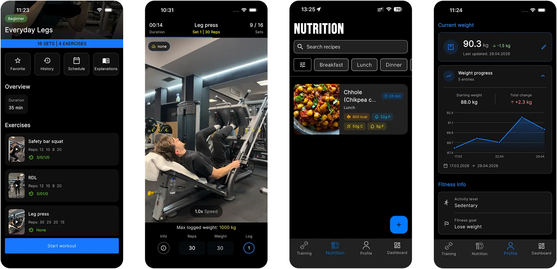 Fitness platform showing workouts, exercises, nutrition content and progress tracking
