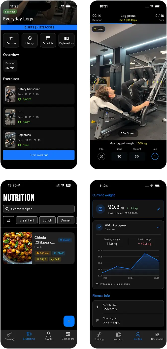 Fitness platform showing workouts, exercises, nutrition content and progress tracking