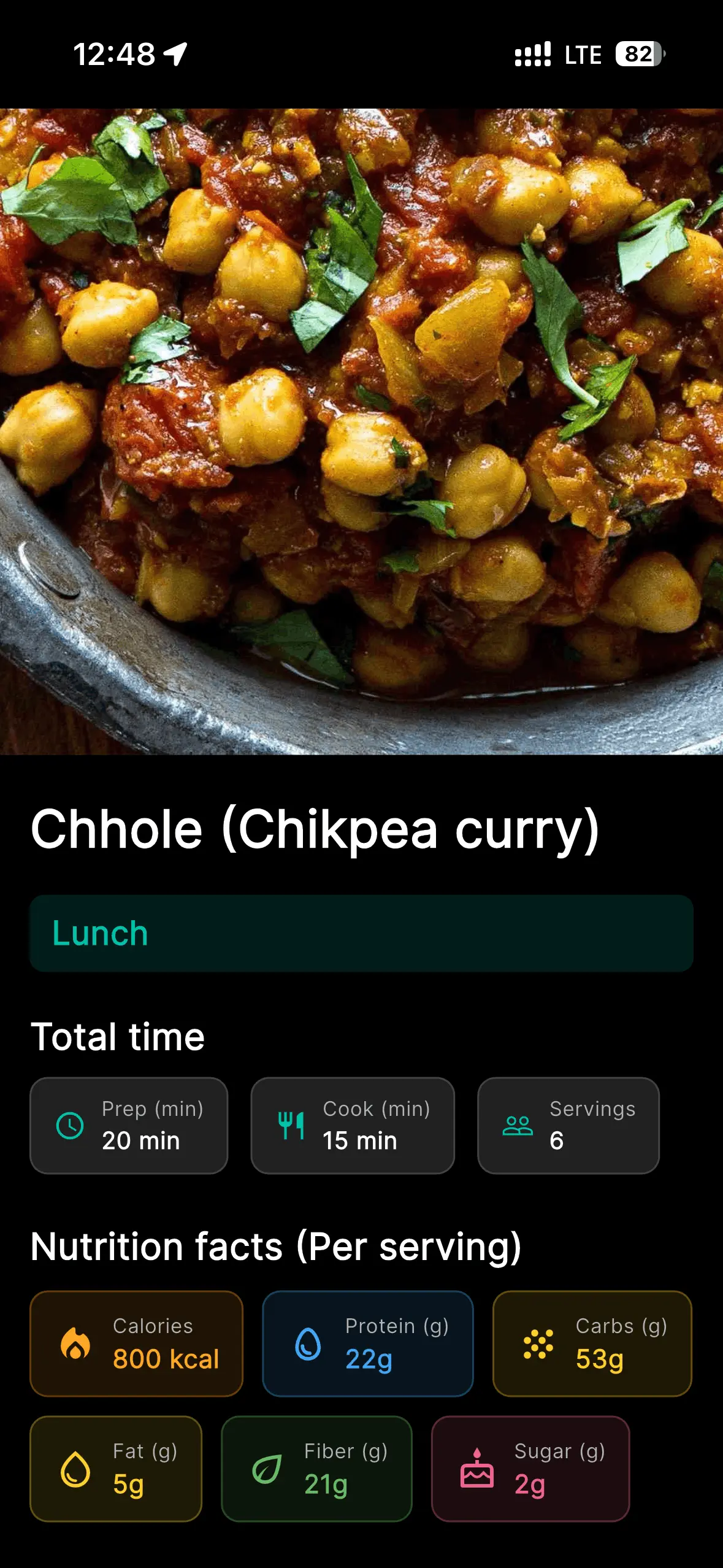 Fitness app screen showing recipes and meals inside the same branded experience
