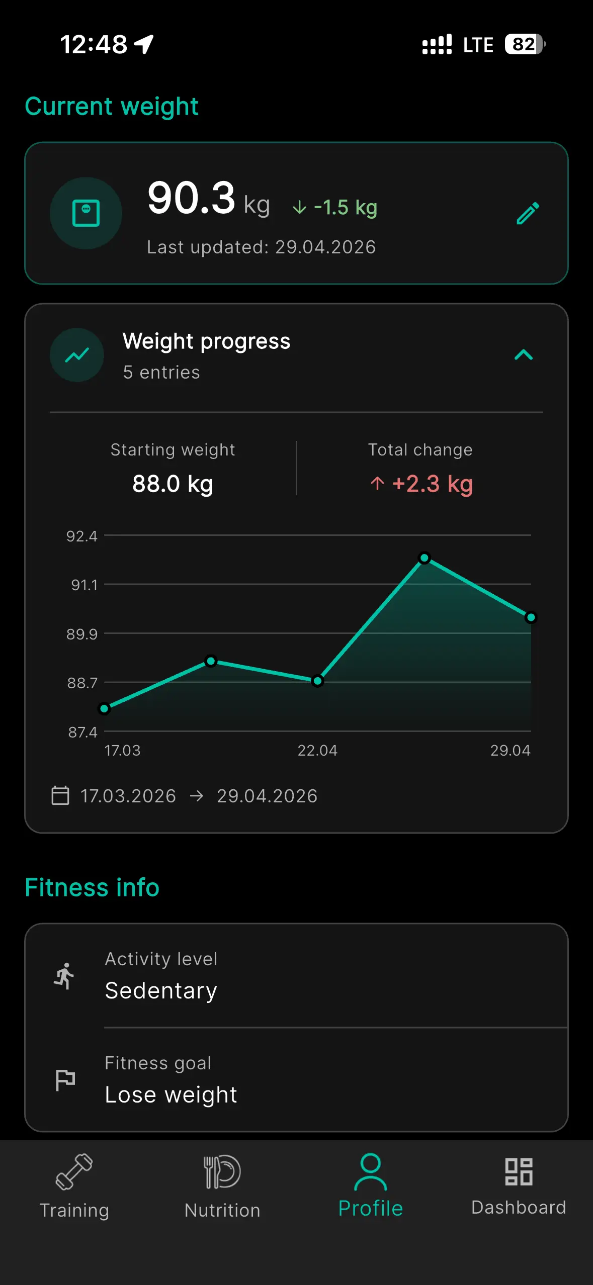 Fitness app screen showing training history, logged weight and recorded progress