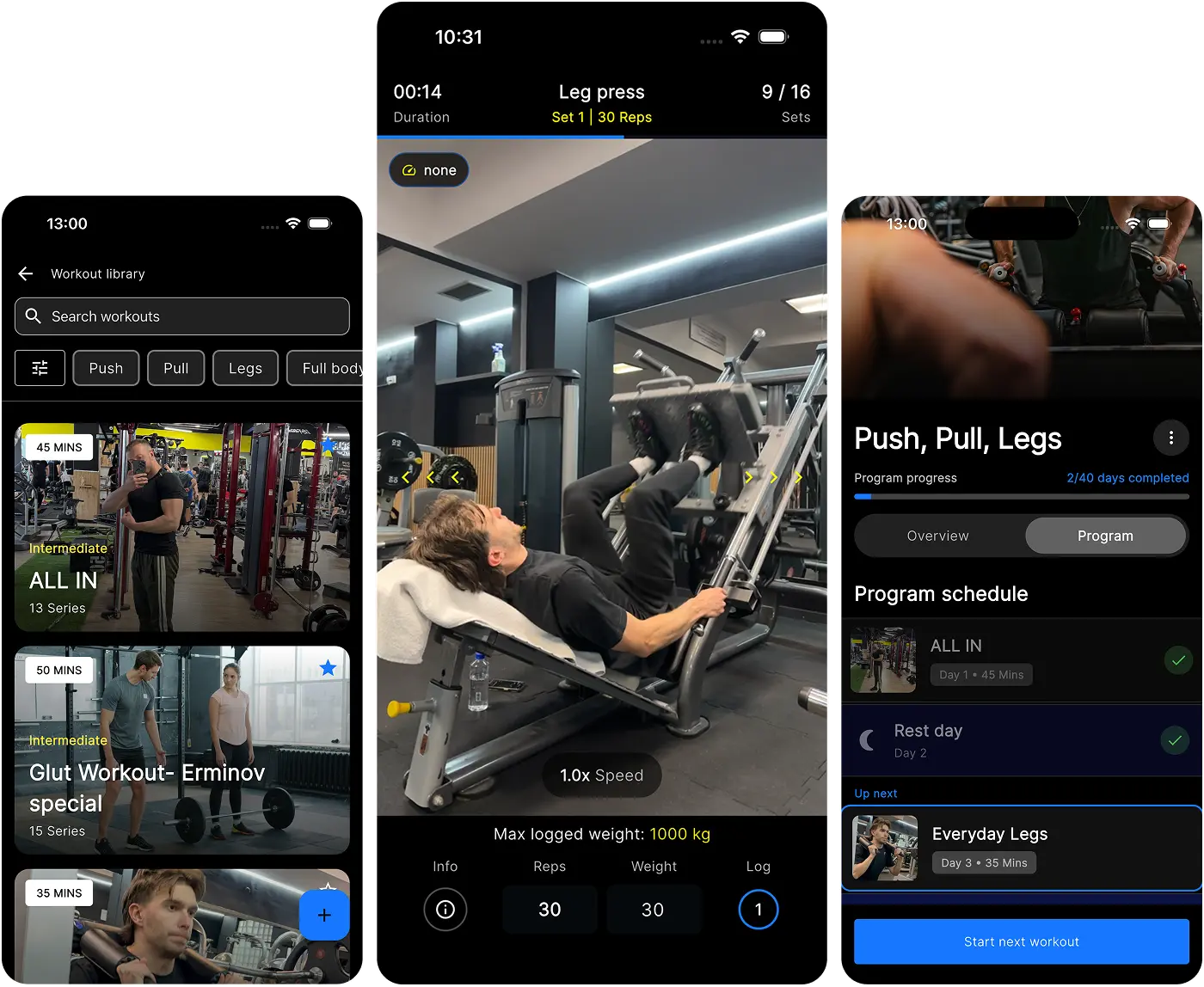 Fitness mobile app showing workouts, personalized programs and guided exercise sessions