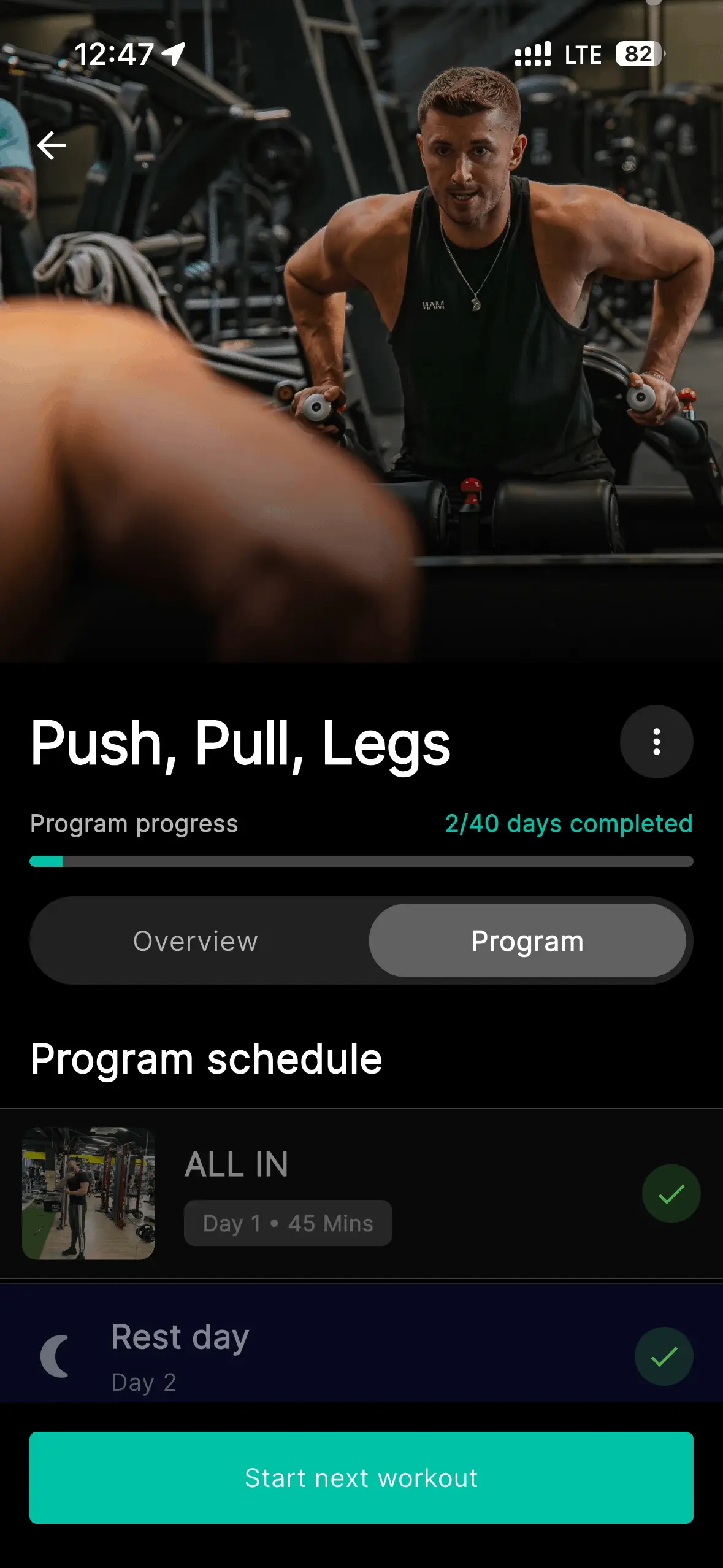 Fitness app screen showing a structured workout program with exercises, sets and reps