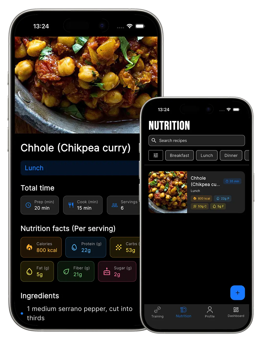 Nutrition content platform showing recipes, meals and fitness nutrition guidance