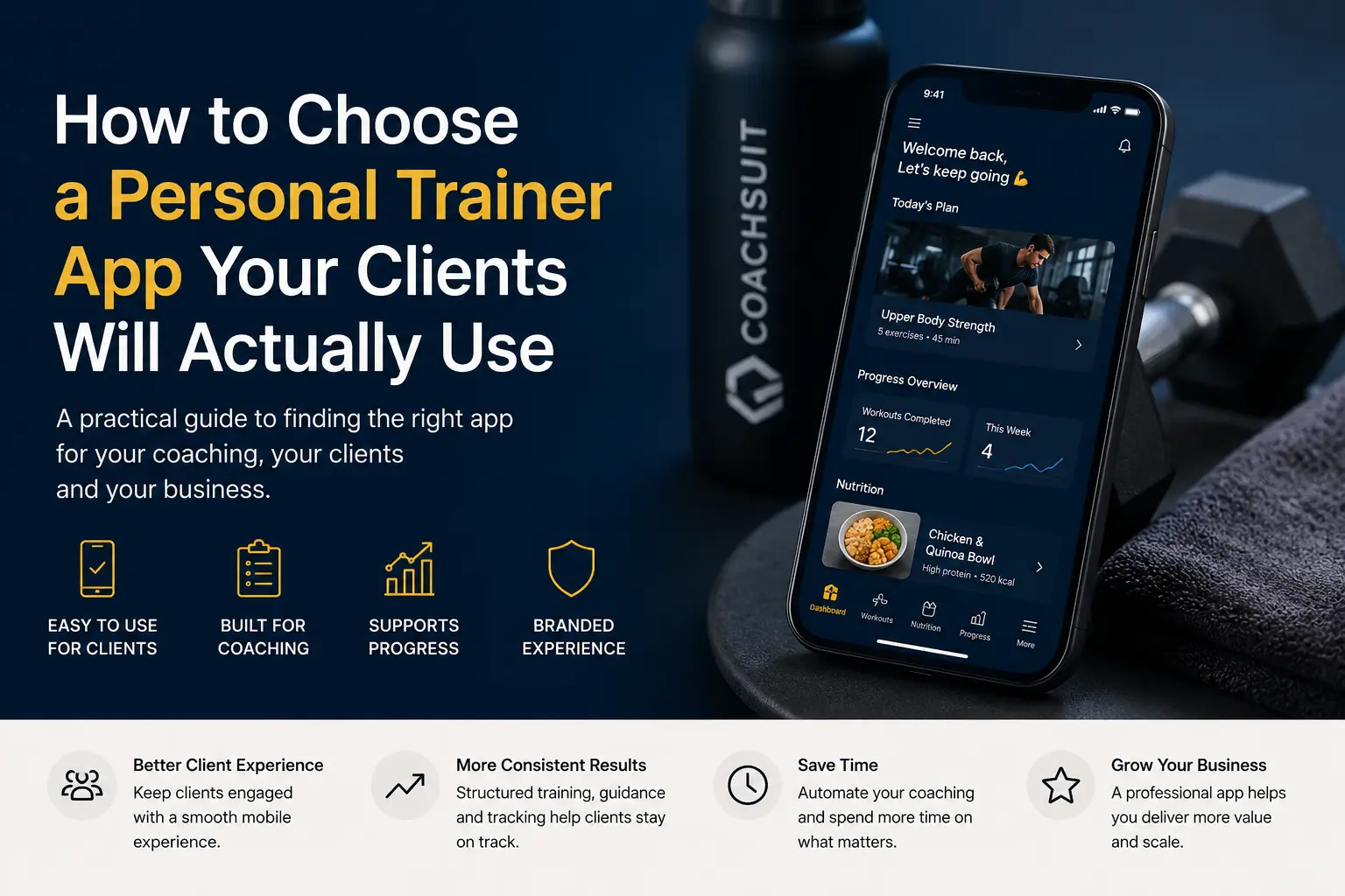 Guide cover showing a personal trainer app designed for better client experience, workouts, progress tracking and nutrition content