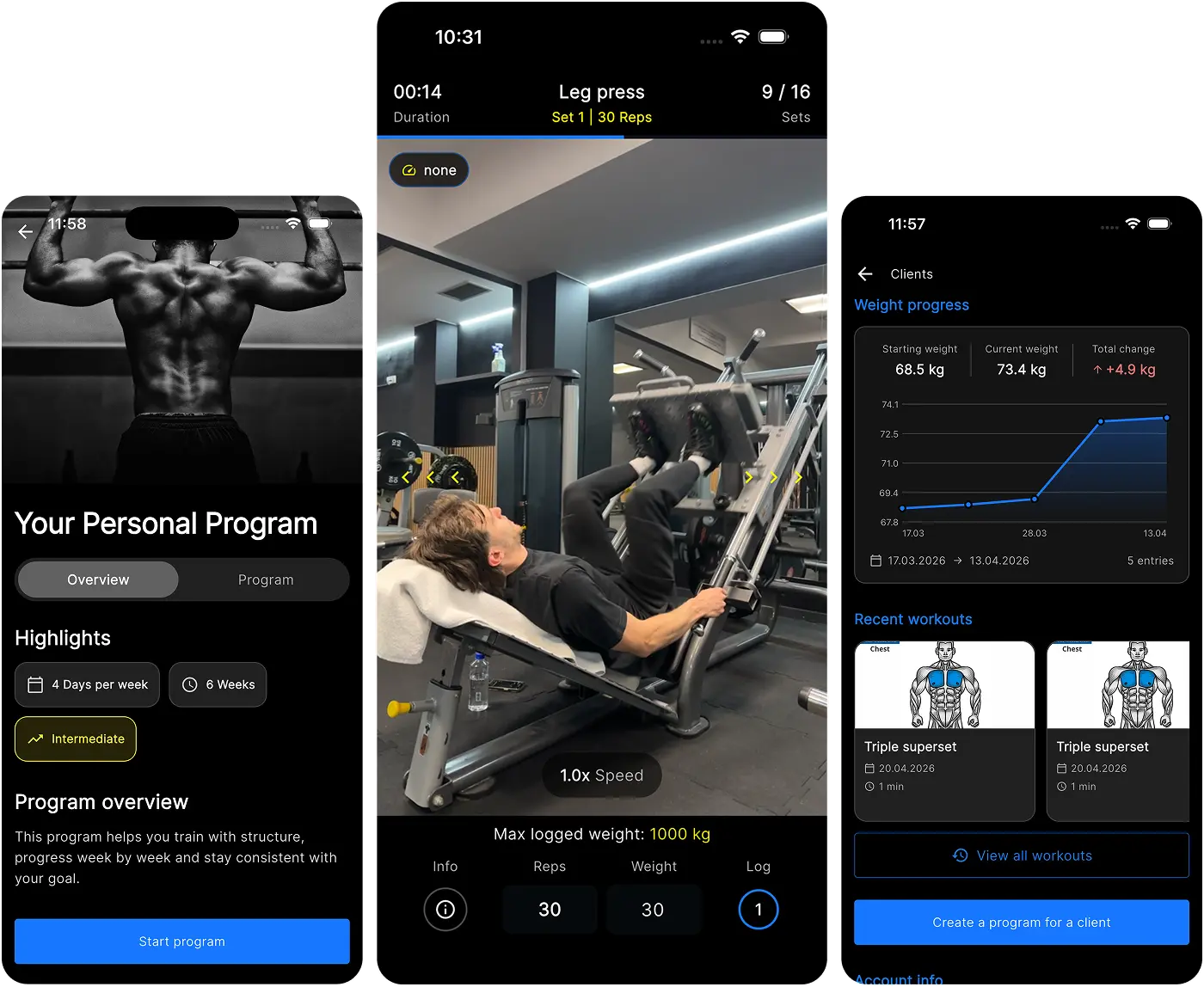Personal trainer coaching flow showing a client program, guided workout session and recorded progress