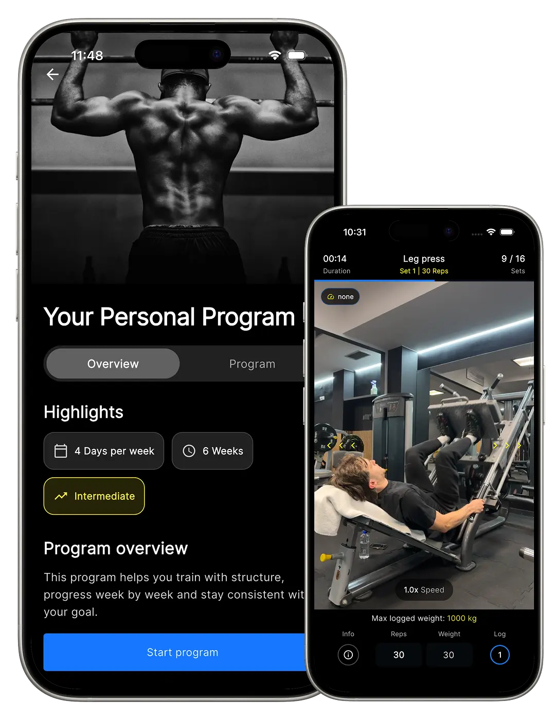 Personal trainer app showing a personalized workout program and guided exercise session